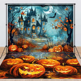 Lofaris Haunted Castle on Halloween Night Combo Set Backdrop Spooky Pumpkins Floor Cartoon Horror Photo Shoots